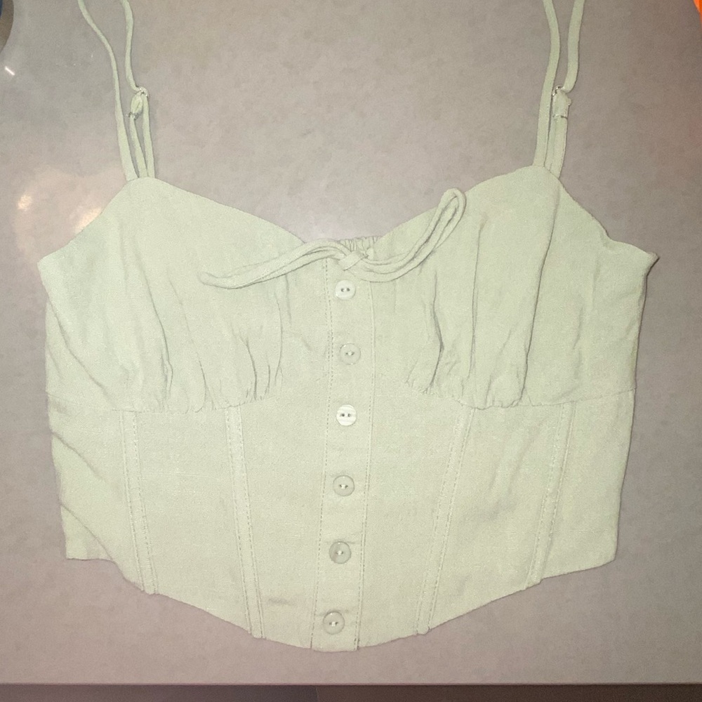 Ally Green Cami Crop Top Corset Linen casual chic coquette cottagecore milkmaid - Picture 15 of 15